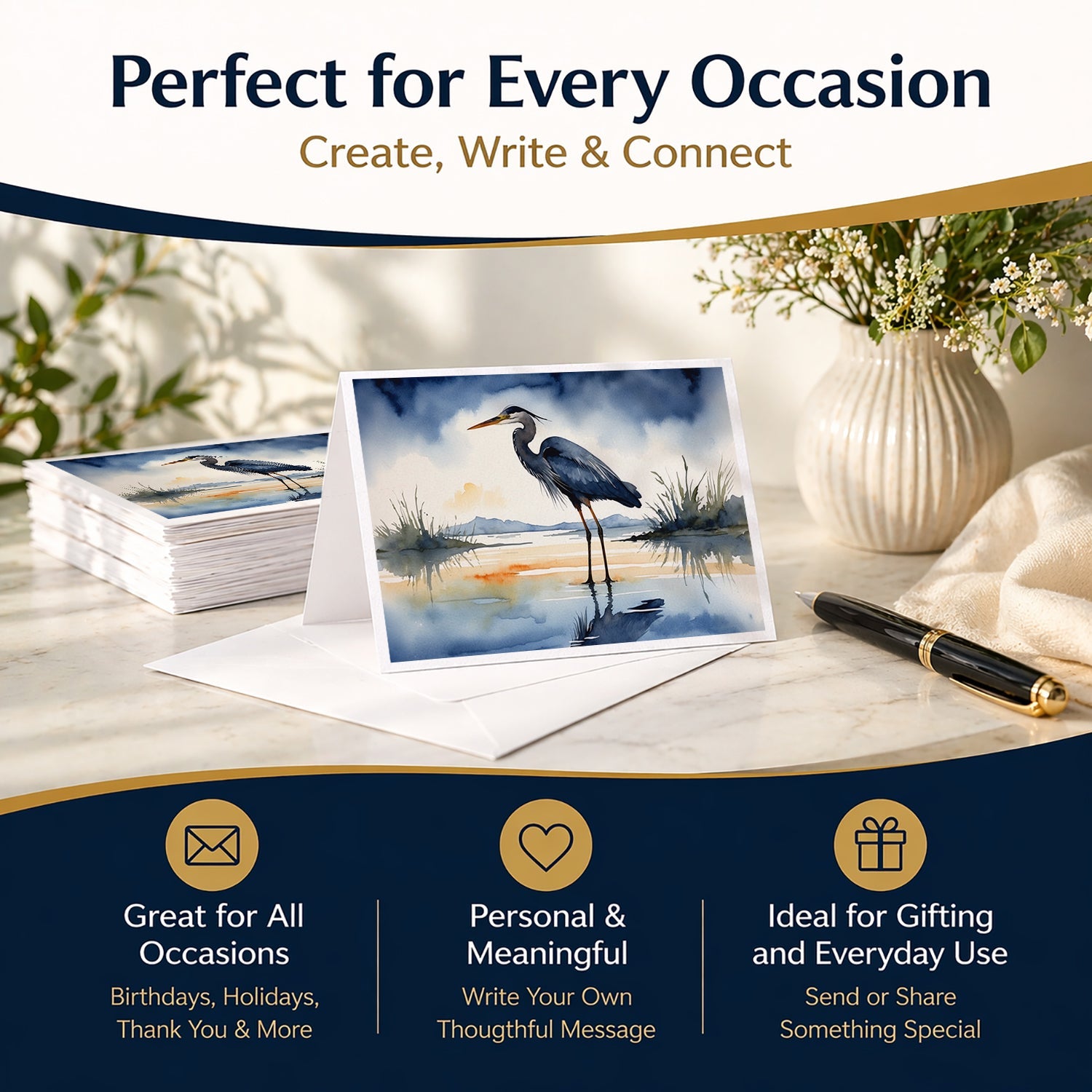 Great Blue Heron Shoreline Watercolor Greeting Cards Pack of 8 Blank Cards with Envelopes Whimsical A7 Size 5x7
