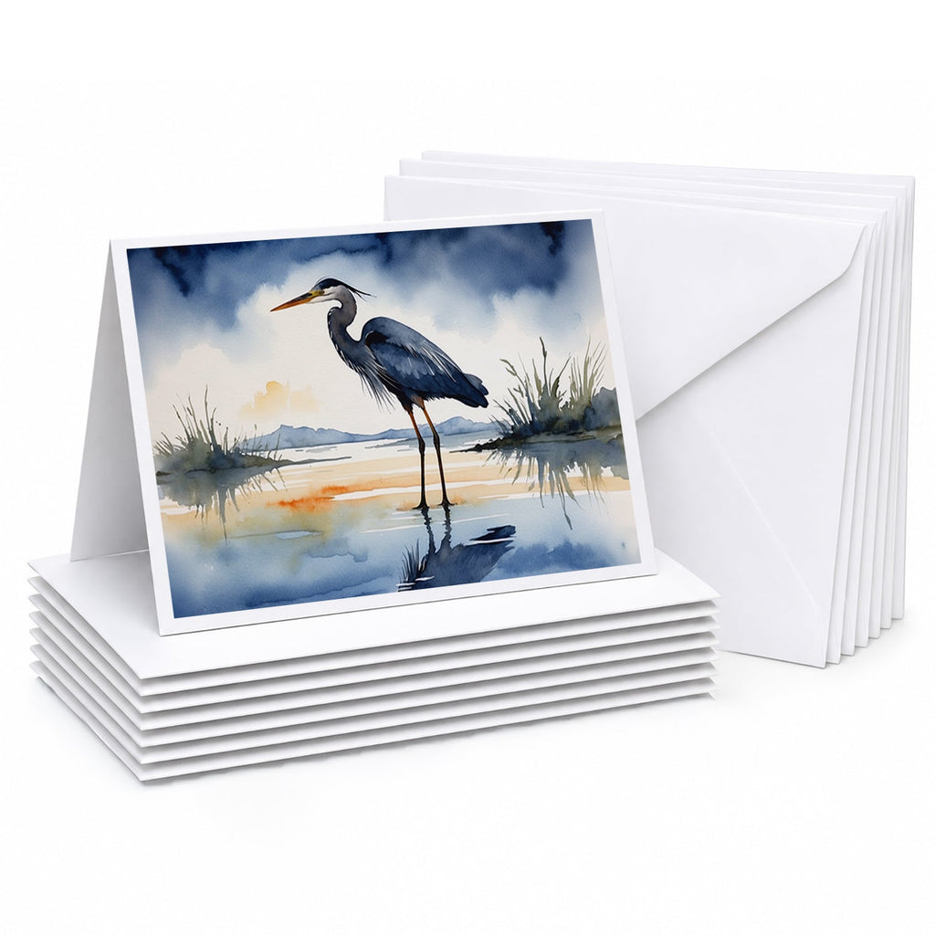 Great Blue Heron Shoreline Watercolor Greeting Cards Pack of 8 Blank Cards with Envelopes Whimsical A7 Size 5x7