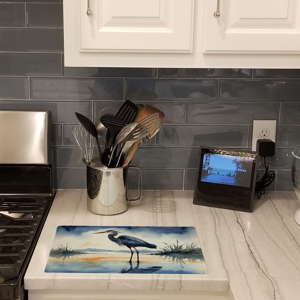 Great Blue Heron Shoreline Watercolor Cutting Board Tempered Glass Kitchen Cutting Surface, Heat Resistant Chopping, Non-Slip Feet, Food Prep & Serving