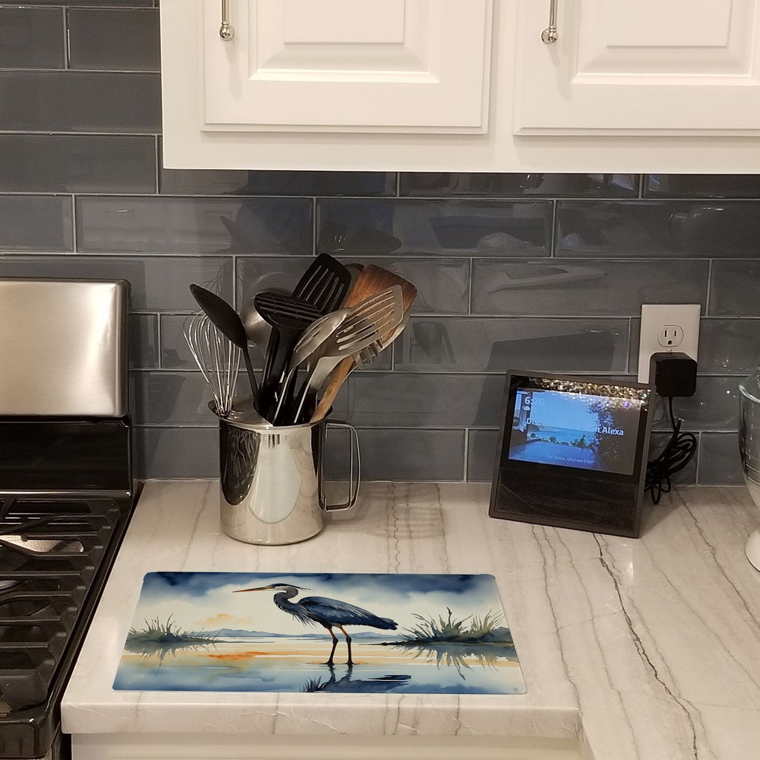 Great Blue Heron Shoreline Watercolor Cutting Board Tempered Glass Kitchen Cutting Surface, Heat Resistant Chopping, Non-Slip Feet, Food Prep & Serving