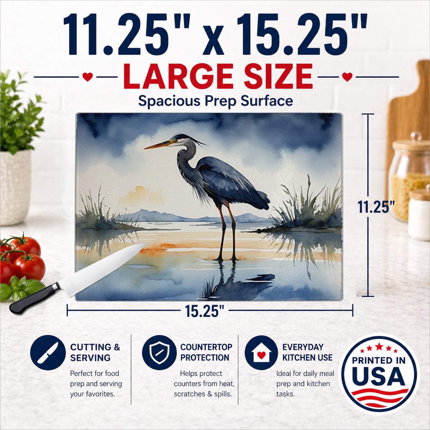 Great Blue Heron Shoreline Watercolor Cutting Board Tempered Glass Kitchen Cutting Surface, Heat Resistant Chopping, Non-Slip Feet, Food Prep & Serving