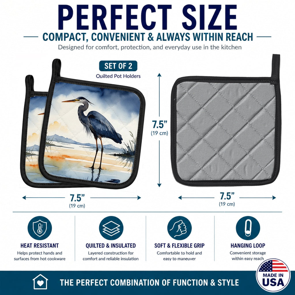 Great Blue Heron Shoreline Watercolor Pot Holder Set of 2 Heat Resistant Quilted Hot Pads 7.5 x 7.5 Inch, Insulated Kitchen Trivets for Cooking & Baking