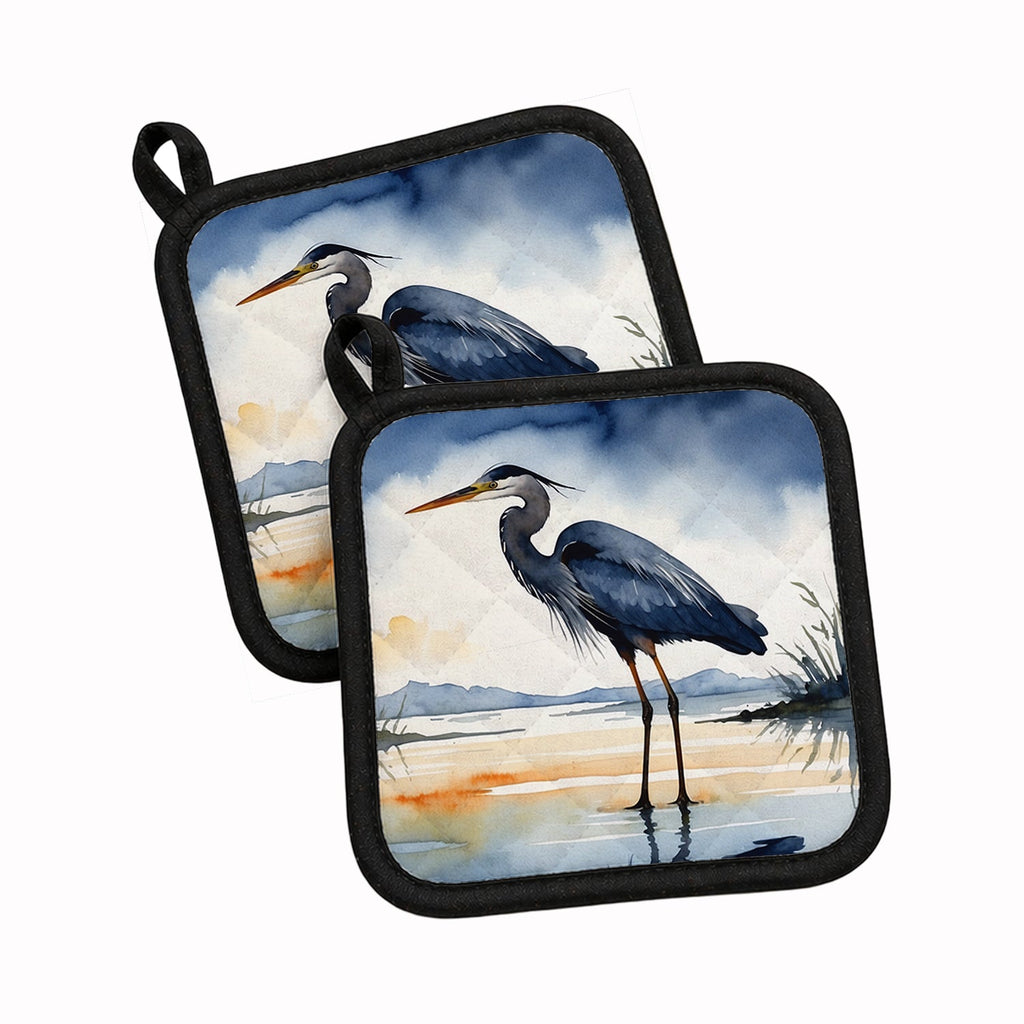 Great Blue Heron Shoreline Watercolor Pot Holder Set of 2 Heat Resistant Quilted Hot Pads 7.5 x 7.5 Inch, Insulated Kitchen Trivets for Cooking & Baking