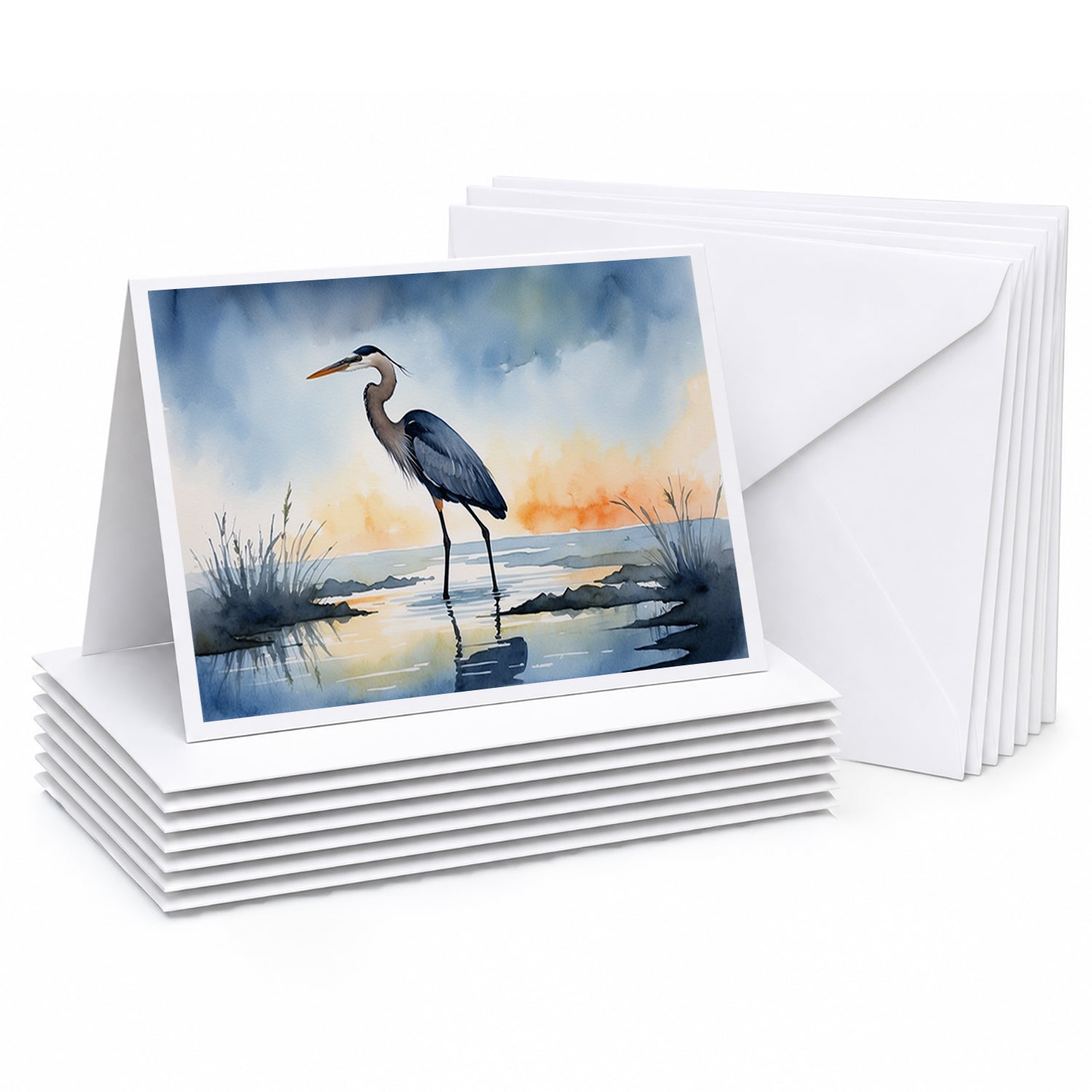 Great Blue Heron Minimal Marsh Watercolor Greeting Cards Pack of 8 Blank Cards with Envelopes Whimsical A7 Size 5x7