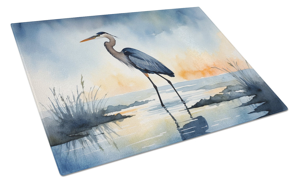 Great Blue Heron Minimal Marsh Watercolor Cutting Board Tempered Glass Kitchen Cutting Surface, Heat Resistant Chopping, Non-Slip Feet, Food Prep & Serving