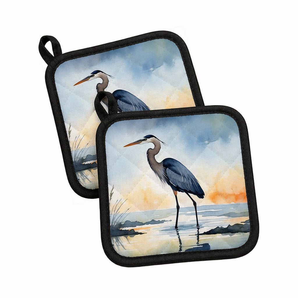 Great Blue Heron Minimal Marsh Watercolor Pot Holder Set of 2 Heat Resistant Quilted Hot Pads 7.5 x 7.5 Inch, Insulated Kitchen Trivets for Cooking & Baking