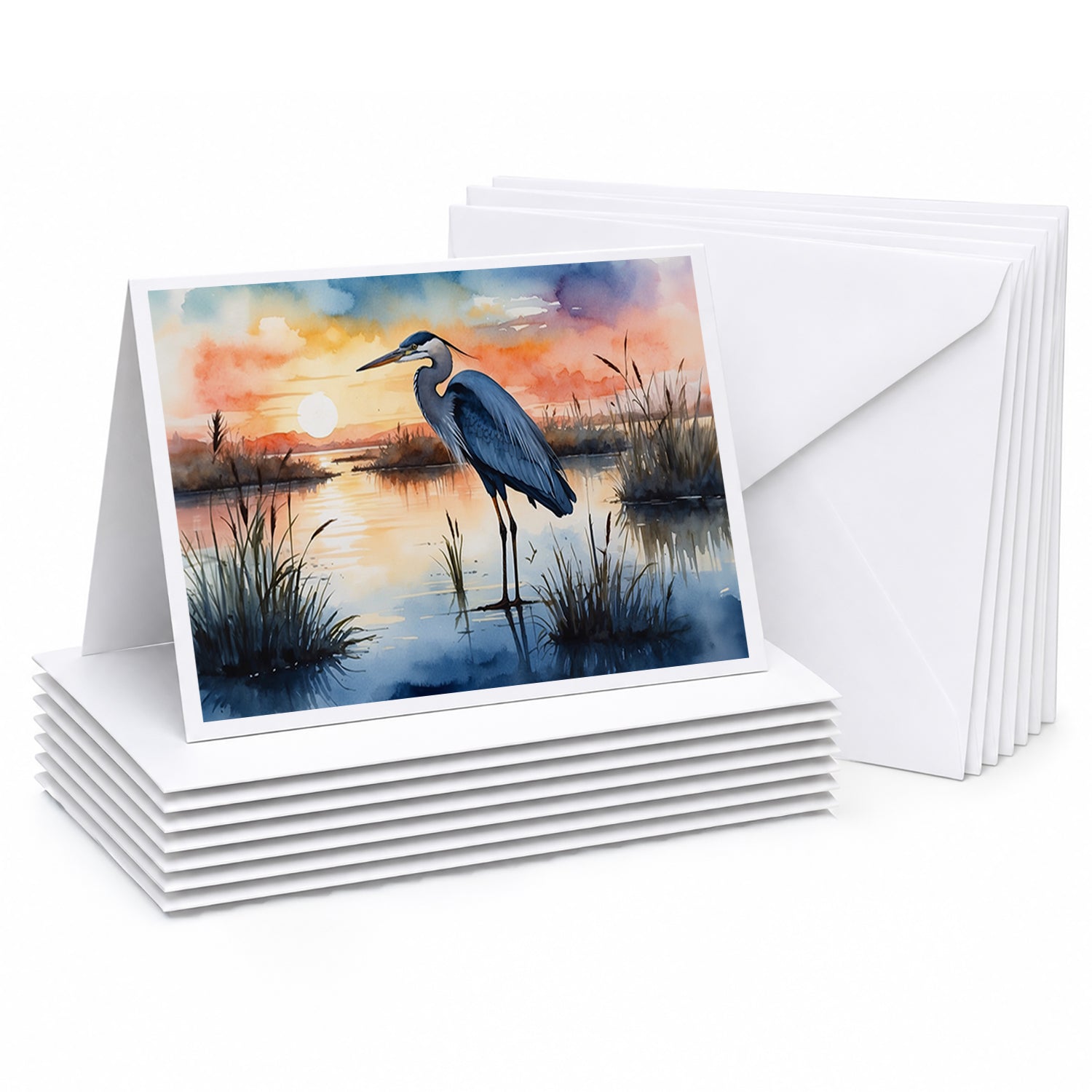 Great Blue Heron Sunset Marsh Watercolor Greeting Cards Pack of 8 Blank Cards with Envelopes Whimsical A7 Size 5x7