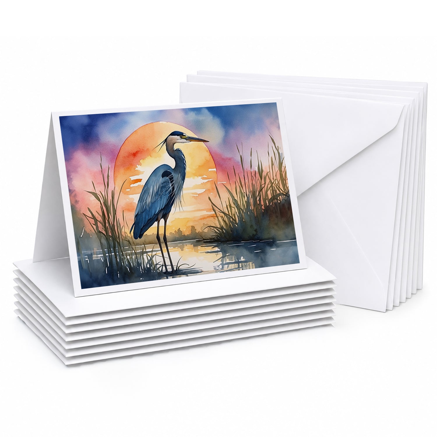 Great Blue Heron Bold Sunset Watercolor Greeting Cards Pack of 8 Blank Cards with Envelopes Whimsical A7 Size 5x7