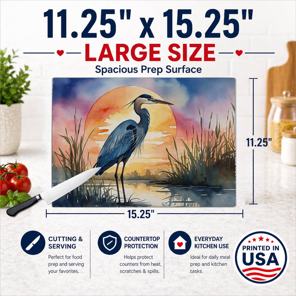 Great Blue Heron Bold Sunset Watercolor Cutting Board Tempered Glass Kitchen Cutting Surface, Heat Resistant Chopping, Non-Slip Feet, Food Prep & Serving
