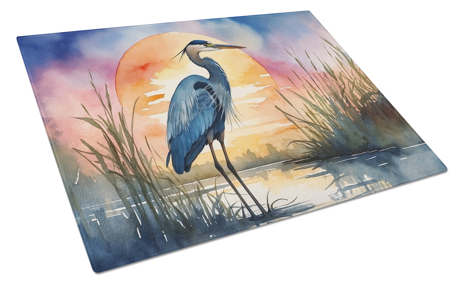 Great Blue Heron Bold Sunset Watercolor Cutting Board Tempered Glass Kitchen Cutting Surface, Heat Resistant Chopping, Non-Slip Feet, Food Prep & Serving