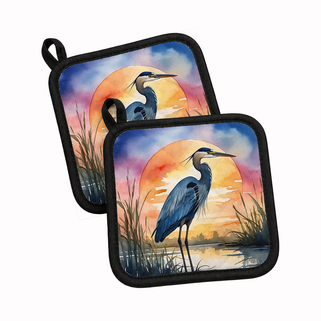 Great Blue Heron Bold Sunset Watercolor Pot Holder Set of 2 Heat Resistant Quilted Hot Pads 7.5 x 7.5 Inch, Insulated Kitchen Trivets for Cooking & Baking