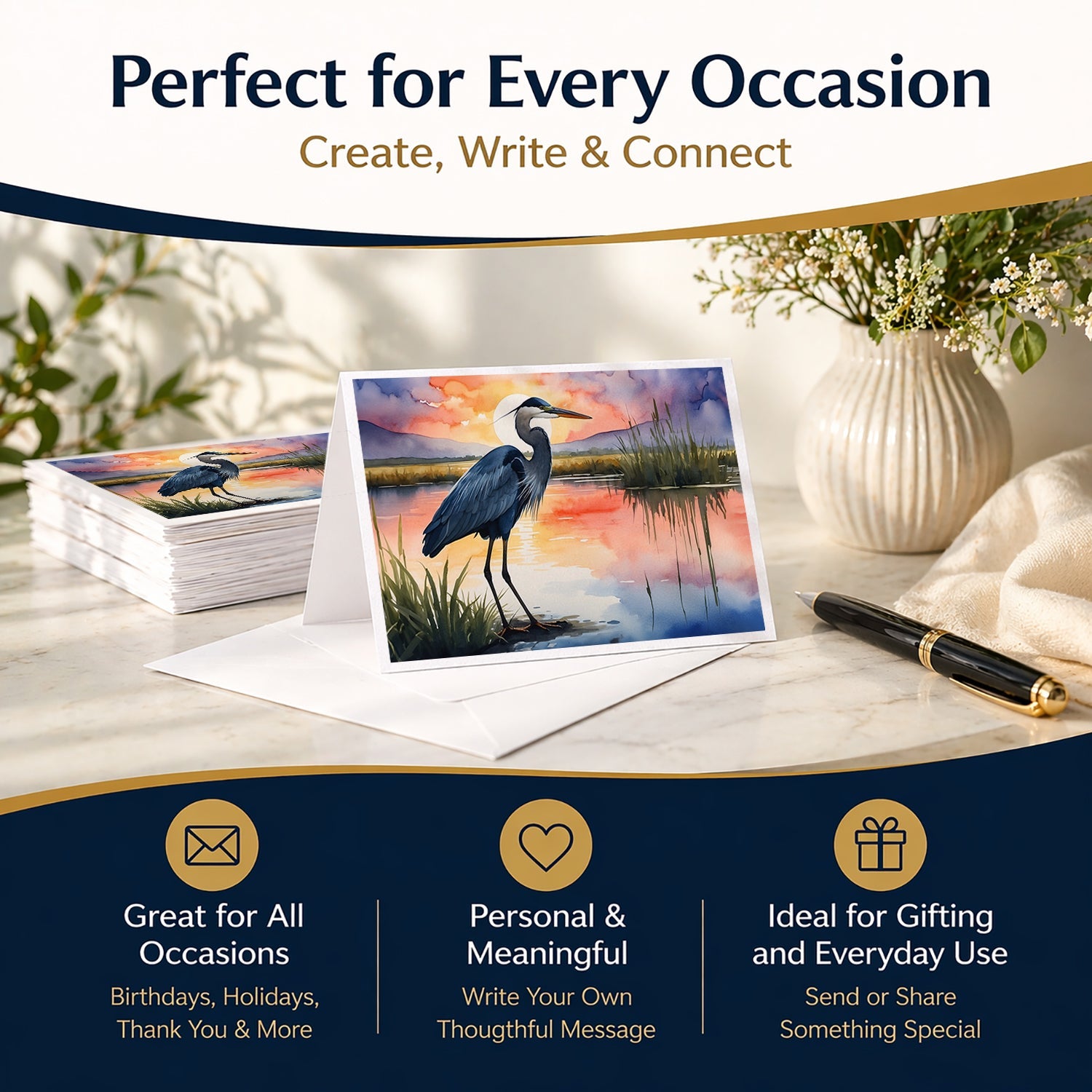 Great Blue Heron Evening Reflection Watercolor Greeting Cards Pack of 8 Blank Cards with Envelopes Whimsical A7 Size 5x7