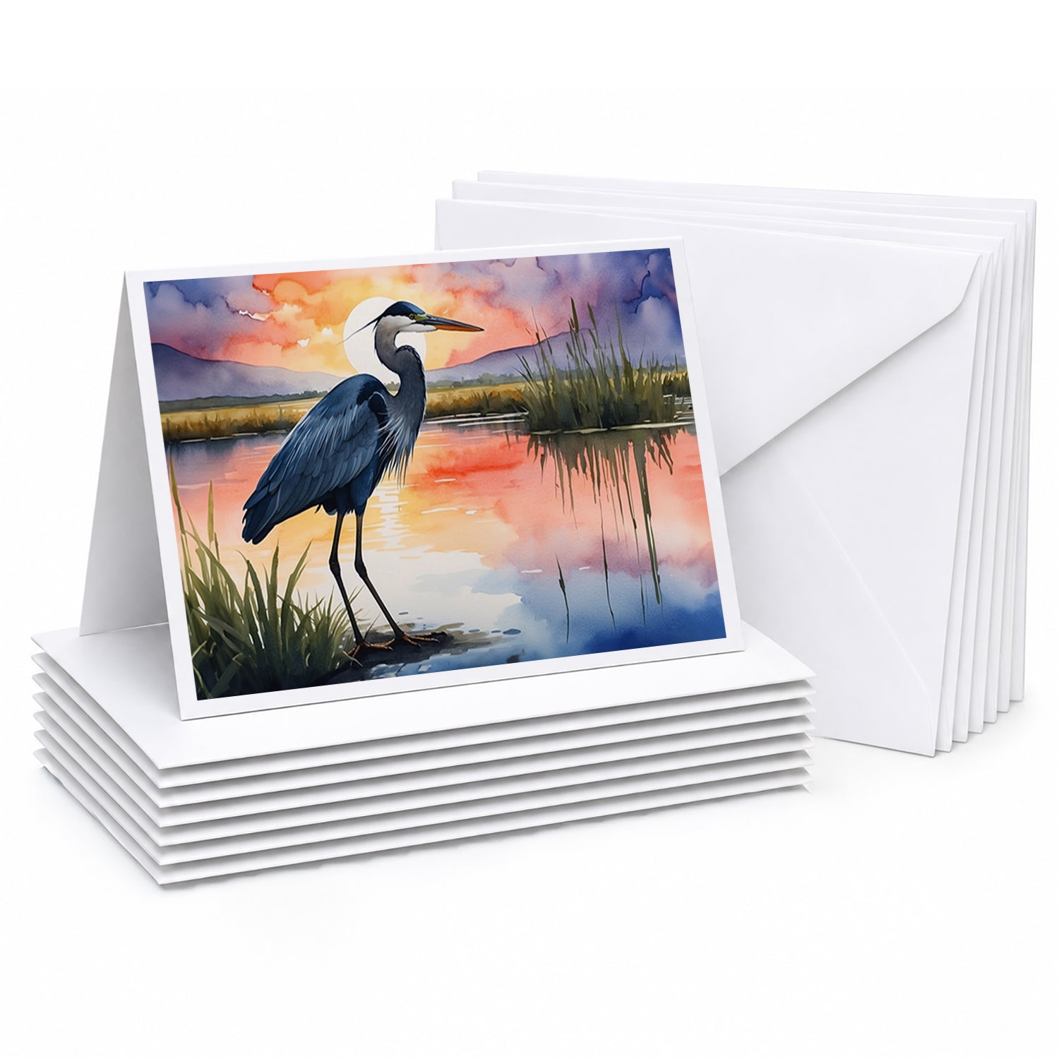 Great Blue Heron Evening Reflection Watercolor Greeting Cards Pack of 8 Blank Cards with Envelopes Whimsical A7 Size 5x7