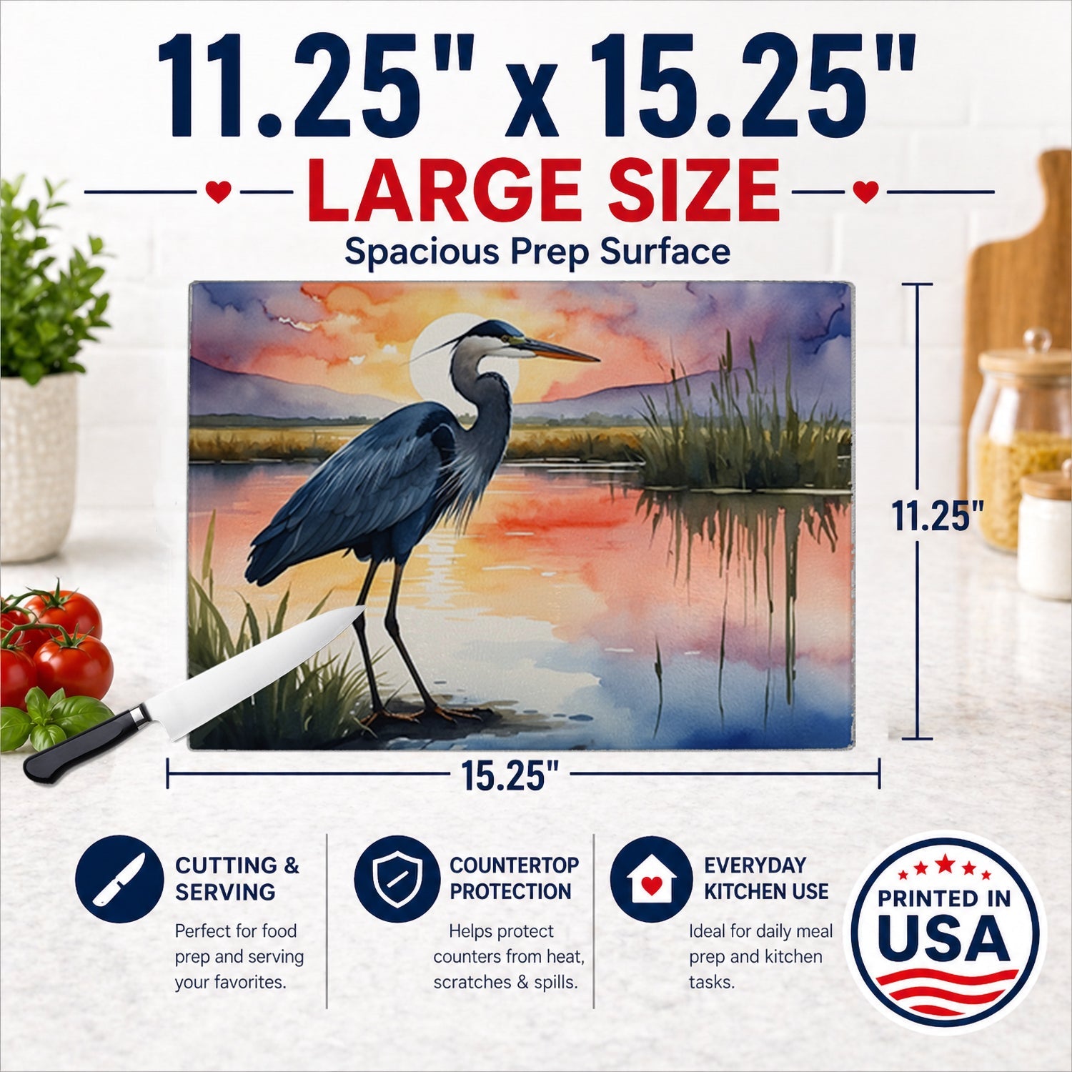 Great Blue Heron Evening Reflection Watercolor Cutting Board Tempered Glass Kitchen Cutting Surface, Heat Resistant Chopping, Non-Slip Feet, Food Prep & Serving