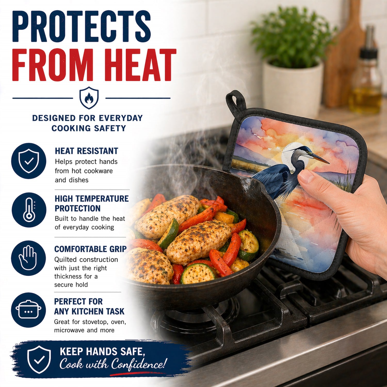 Great Blue Heron Evening Reflection Watercolor Pot Holder Set of 2 Heat Resistant Quilted Hot Pads 7.5 x 7.5 Inch, Insulated Kitchen Trivets for Cooking & Baking