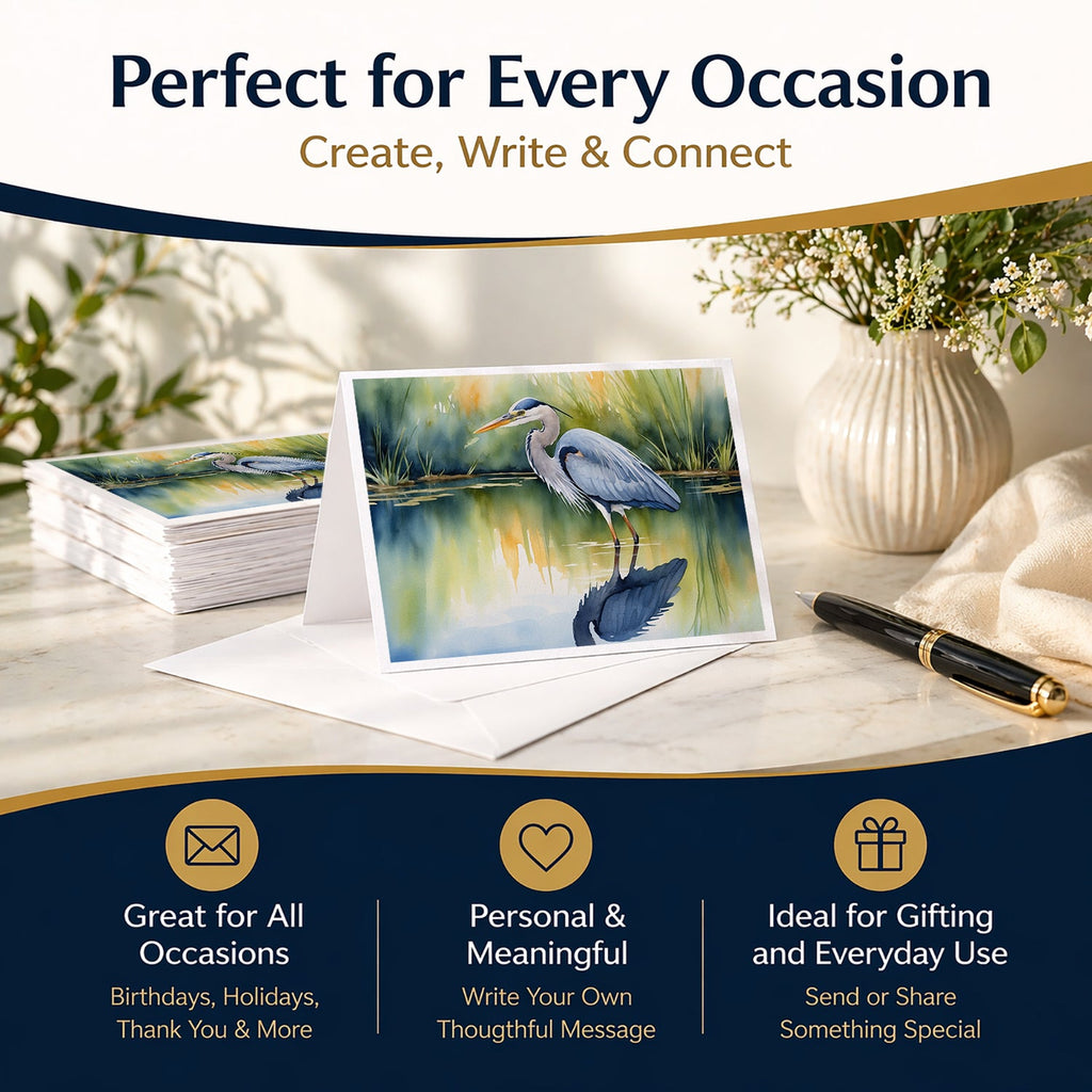 Great Blue Heron Green Marsh Watercolor Greeting Cards Pack of 8 Blank Cards with Envelopes Whimsical A7 Size 5x7