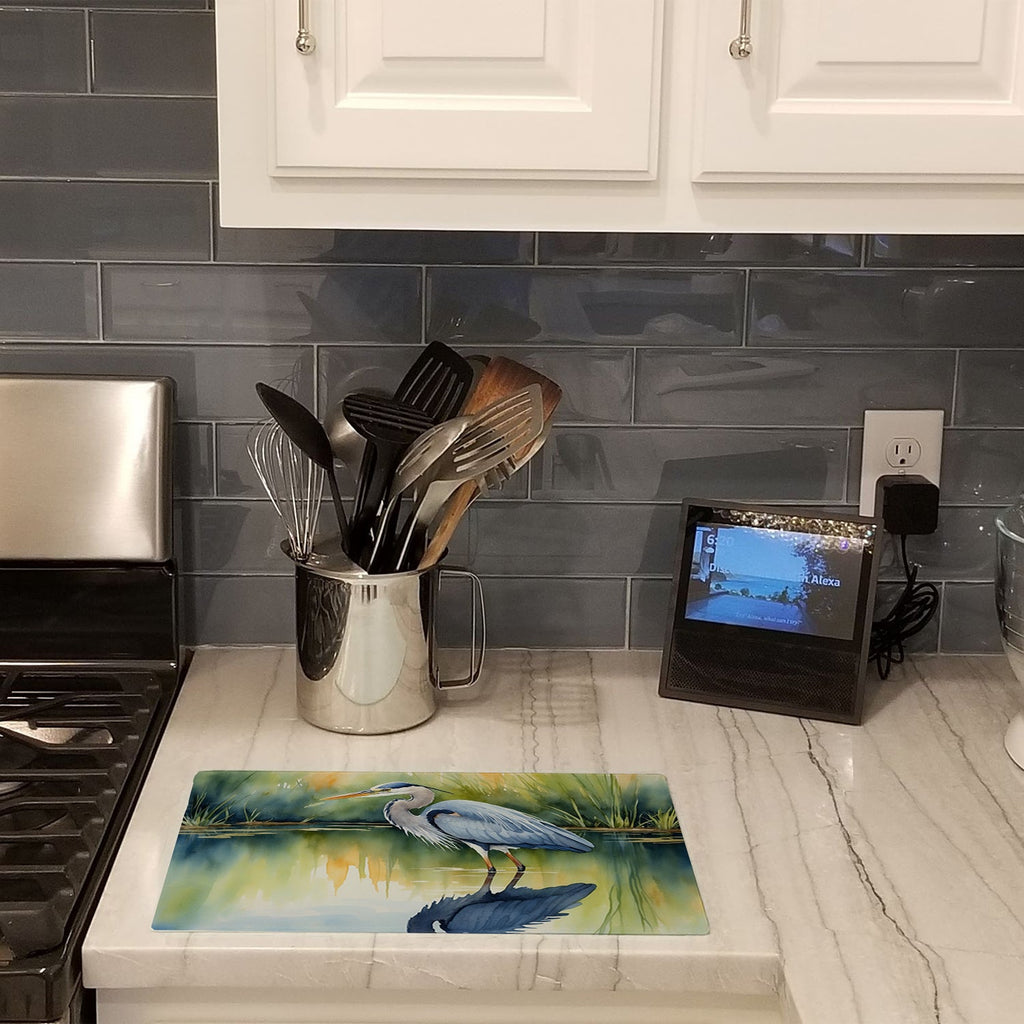 Great Blue Heron Green Marsh Watercolor Cutting Board Tempered Glass Kitchen Cutting Surface, Heat Resistant Chopping, Non-Slip Feet, Food Prep & Serving