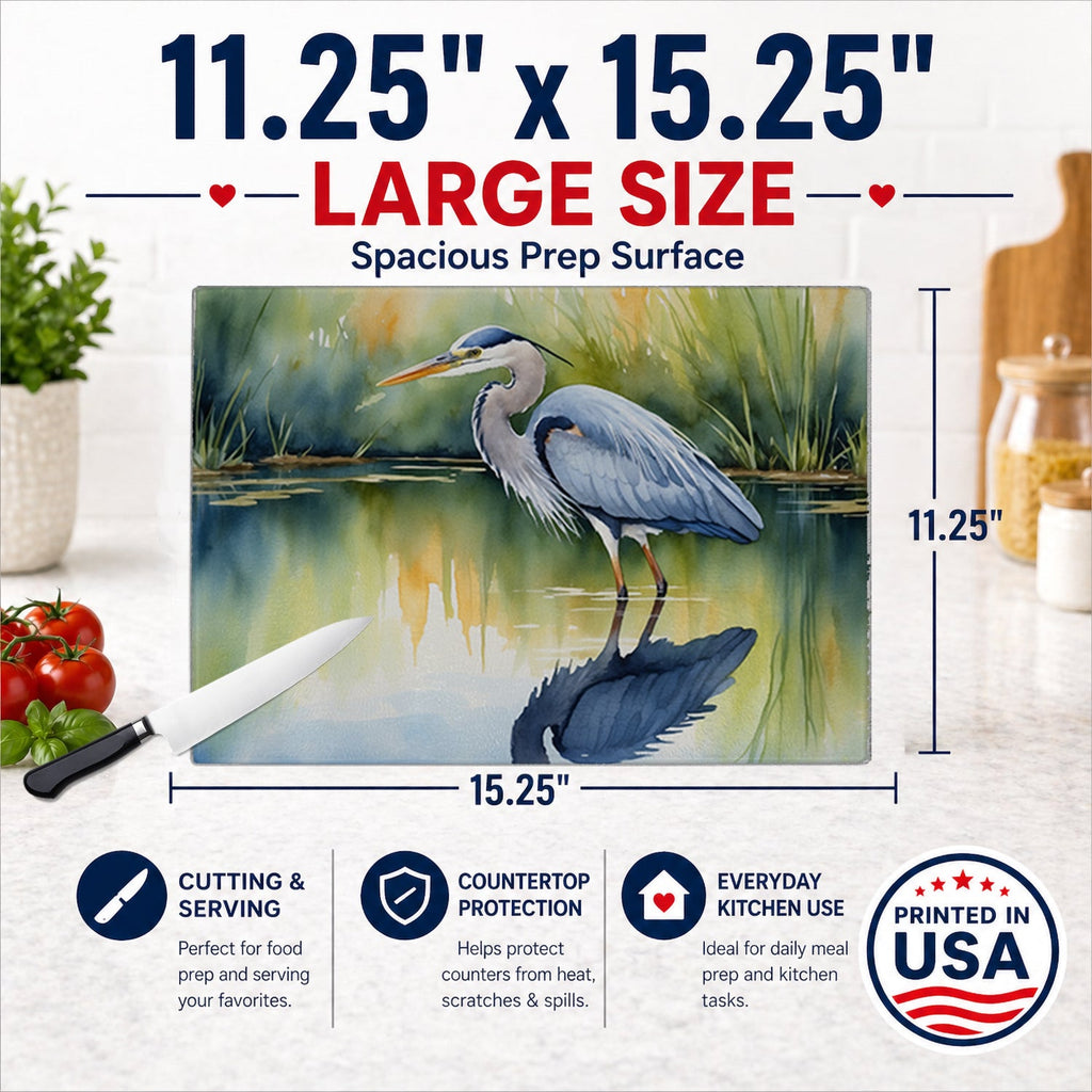 Great Blue Heron Green Marsh Watercolor Cutting Board Tempered Glass Kitchen Cutting Surface, Heat Resistant Chopping, Non-Slip Feet, Food Prep & Serving