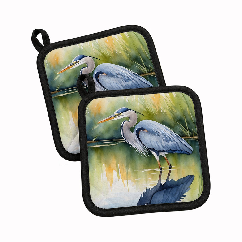 Great Blue Heron Green Marsh Watercolor Pot Holder Set of 2 Heat Resistant Quilted Hot Pads 7.5 x 7.5 Inch, Insulated Kitchen Trivets for Cooking & Baking