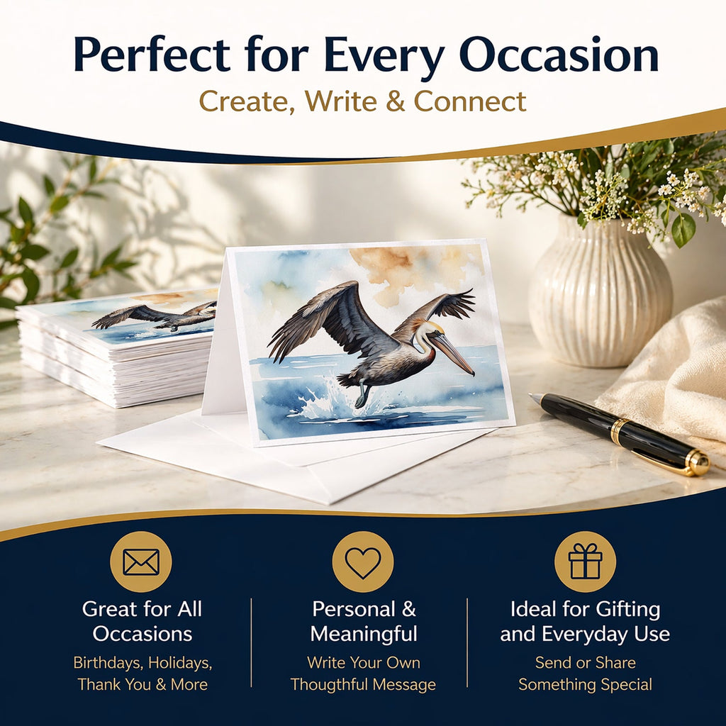 Pelican Flying Over Ocean Watercolor Greeting Cards Pack of 8 Blank Cards with Envelopes Whimsical A7 Size 5x7
