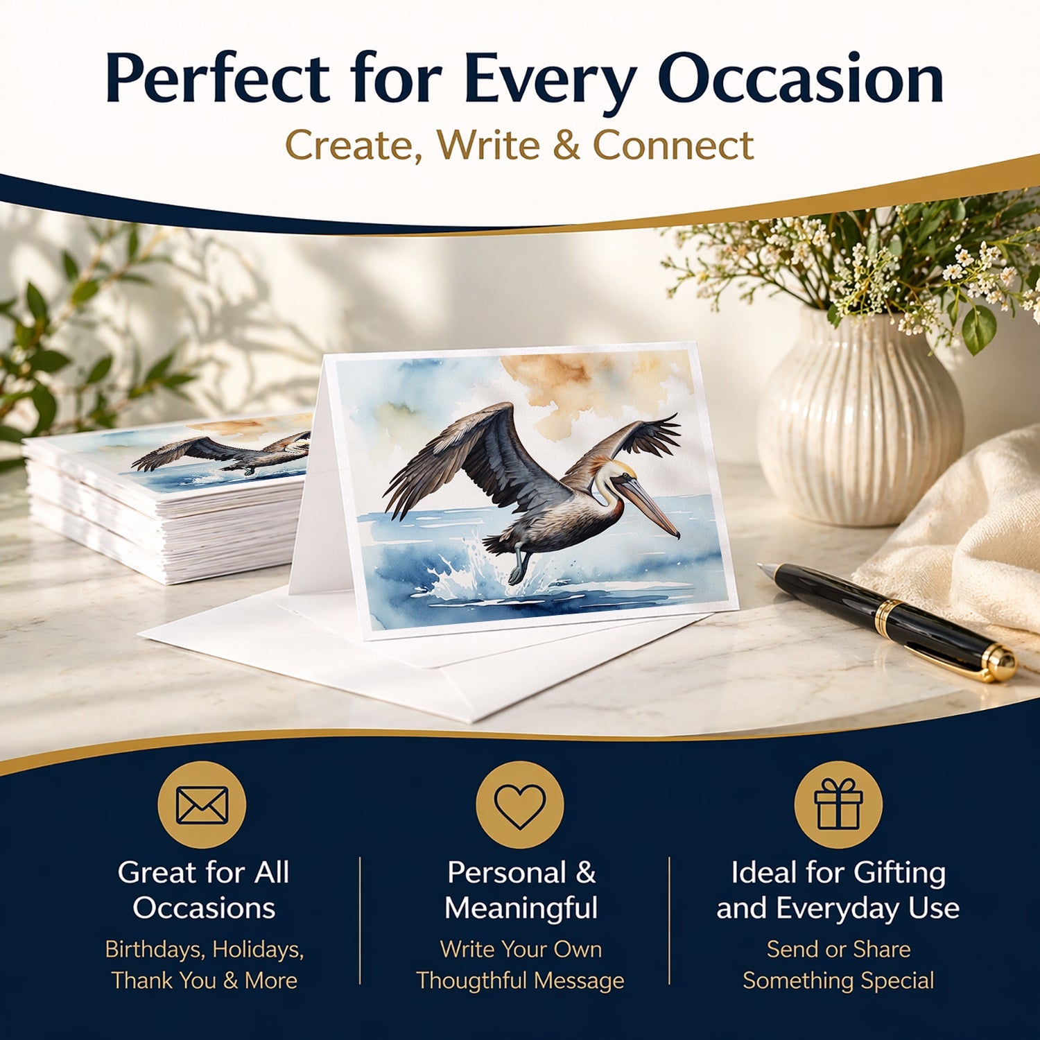 Pelican Flying Over Ocean Watercolor Greeting Cards Pack of 8 Blank Cards with Envelopes Whimsical A7 Size 5x7