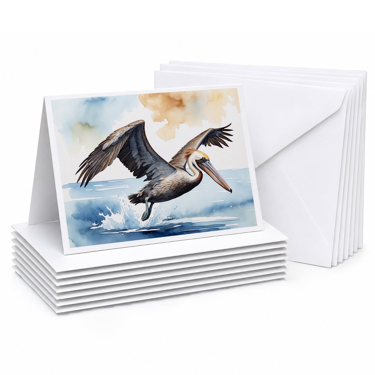 Pelican Flying Over Ocean Watercolor Greeting Cards Pack of 8 Blank Cards with Envelopes Whimsical A7 Size 5x7