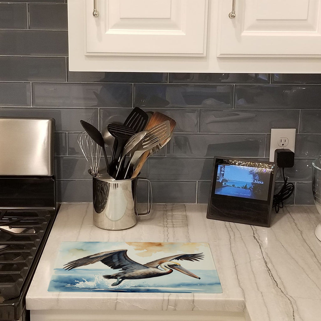 Pelican Flying Over Ocean Watercolor Cutting Board Tempered Glass Kitchen Cutting Surface, Heat Resistant Chopping, Non-Slip Feet, Food Prep & Serving
