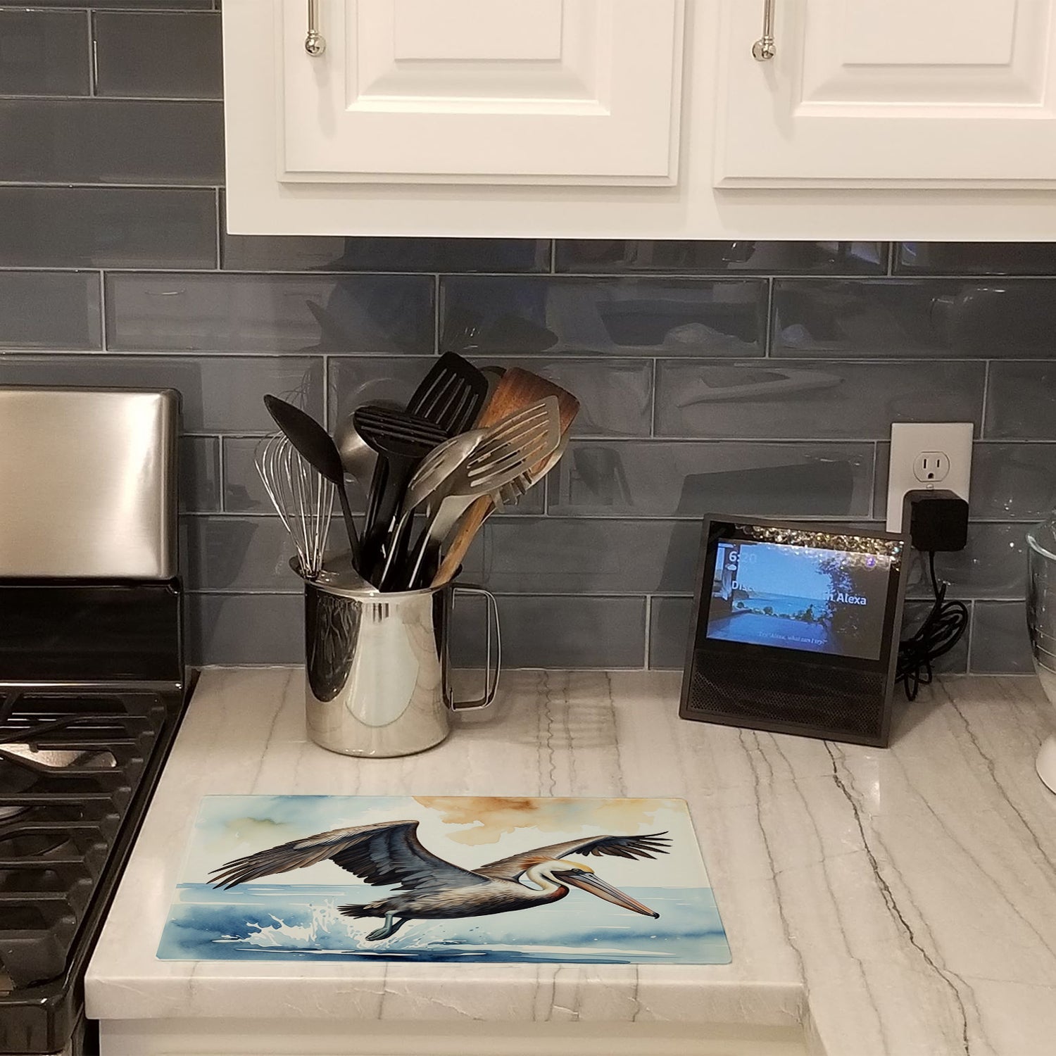 Pelican Flying Over Ocean Watercolor Cutting Board Tempered Glass Kitchen Cutting Surface, Heat Resistant Chopping, Non-Slip Feet, Food Prep & Serving