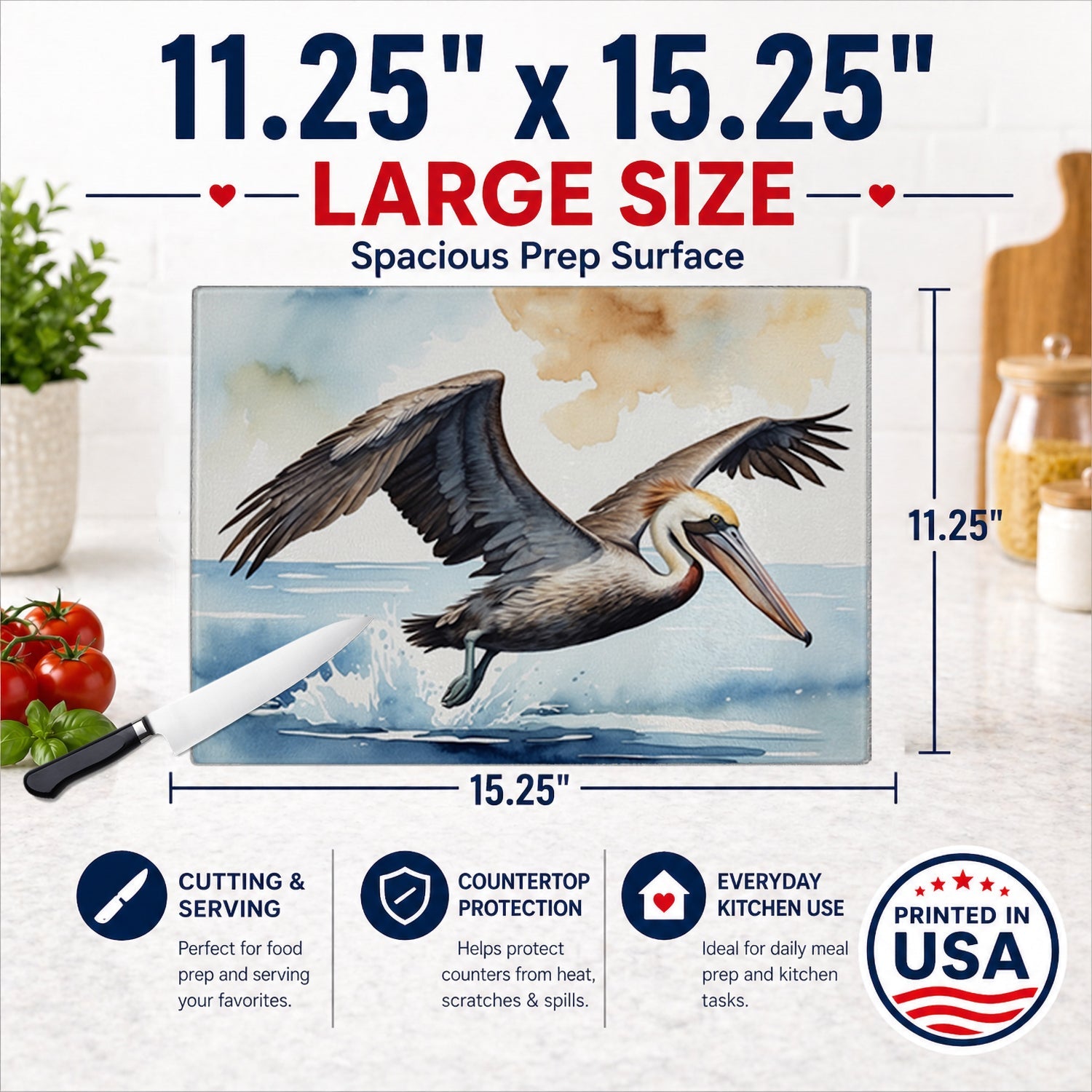 Pelican Flying Over Ocean Watercolor Cutting Board Tempered Glass Kitchen Cutting Surface, Heat Resistant Chopping, Non-Slip Feet, Food Prep & Serving