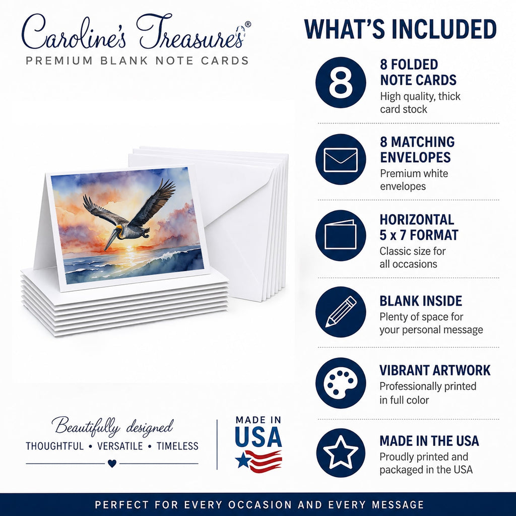 Pelican Sunset Flight Ocean Watercolor Greeting Cards Pack of 8 Blank Cards with Envelopes Whimsical A7 Size 5x7