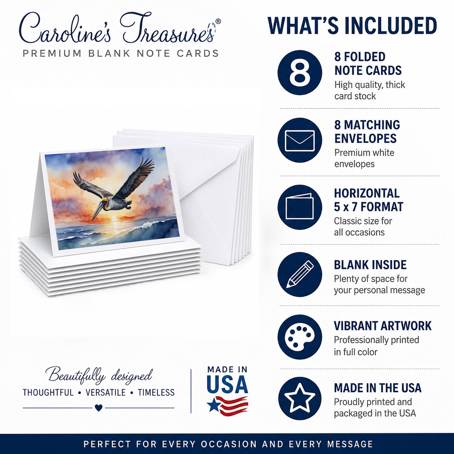 Pelican Sunset Flight Ocean Watercolor Greeting Cards Pack of 8 Blank Cards with Envelopes Whimsical A7 Size 5x7