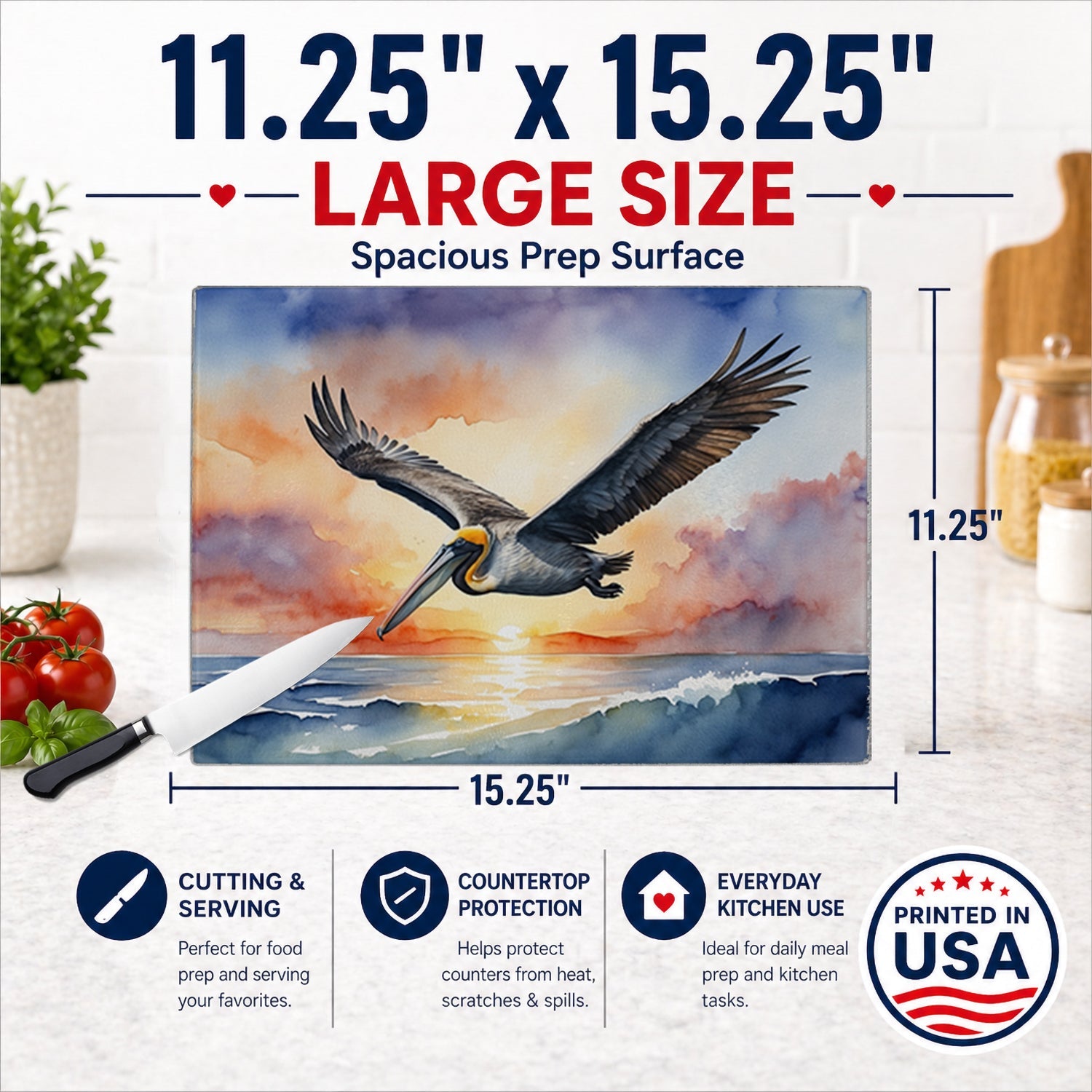 Pelican Sunset Flight Ocean Watercolor Cutting Board Tempered Glass Kitchen Cutting Surface, Heat Resistant Chopping, Non-Slip Feet, Food Prep & Serving
