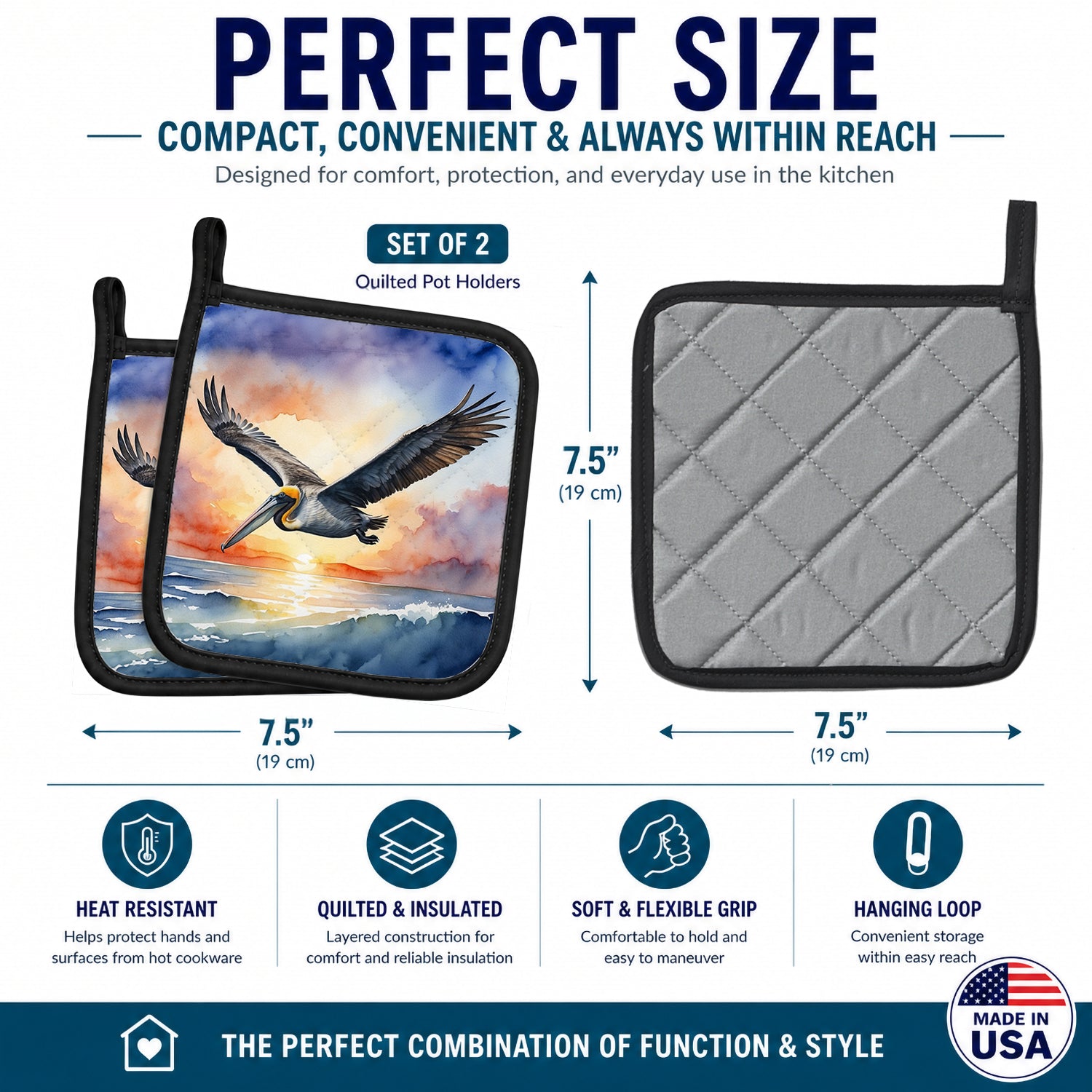 Pelican Sunset Flight Ocean Watercolor Pot Holder Set of 2 Heat Resistant Quilted Hot Pads 7.5 x 7.5 Inch, Insulated Kitchen Trivets for Cooking & Baking