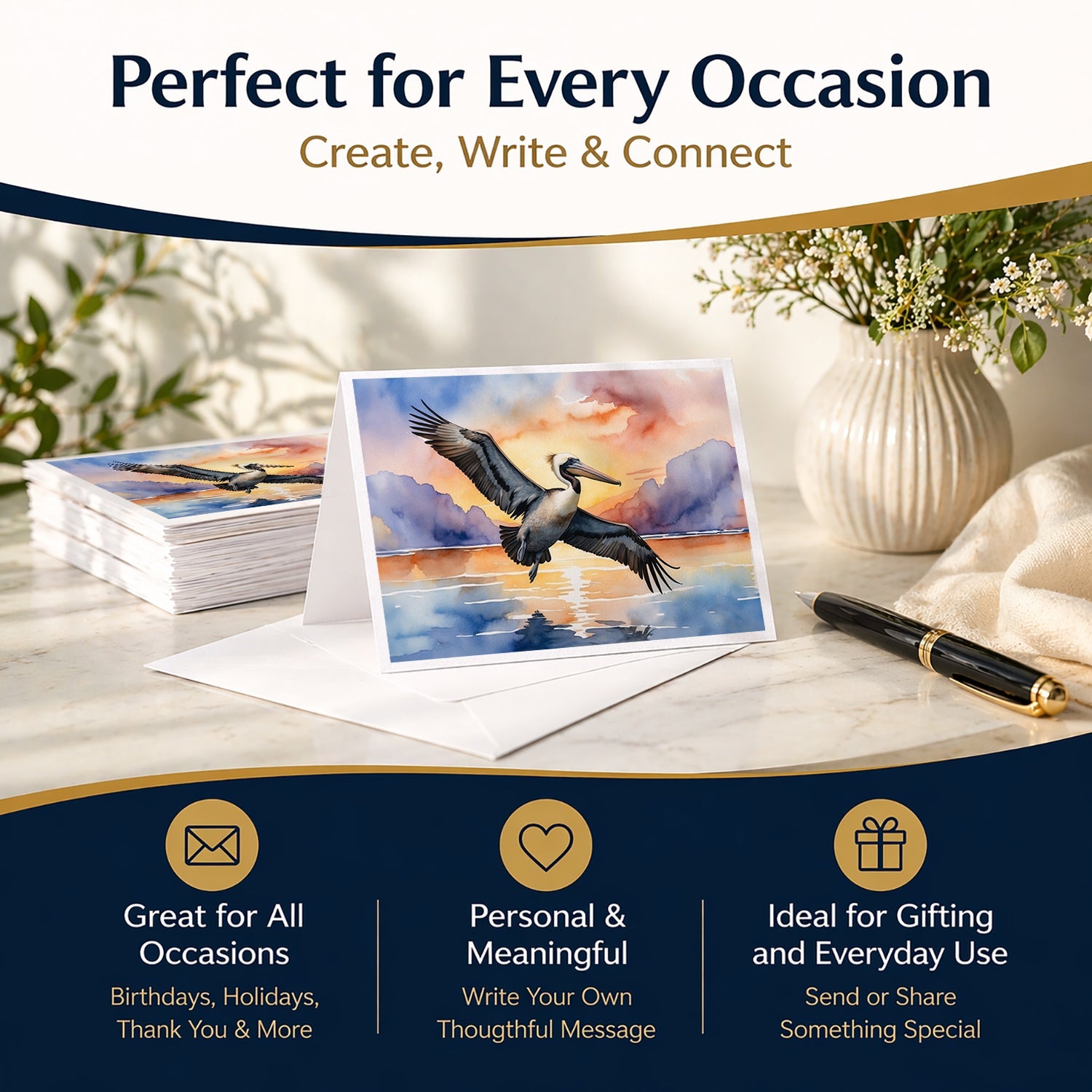 Pelican Flying Over Ocean Sunset Watercolor Greeting Cards Pack of 8 Blank Cards with Envelopes Whimsical A7 Size 5x7