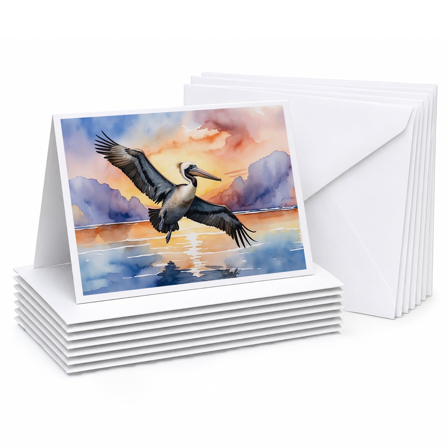 Pelican Flying Over Ocean Sunset Watercolor Greeting Cards Pack of 8 Blank Cards with Envelopes Whimsical A7 Size 5x7