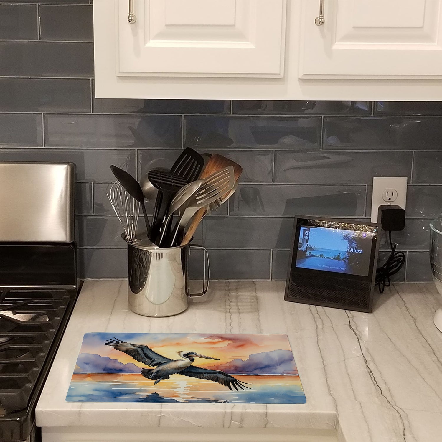 Pelican Flying Over Ocean Sunset Watercolor Cutting Board Tempered Glass Kitchen Cutting Surface, Heat Resistant Chopping, Non-Slip Feet, Food Prep & Serving