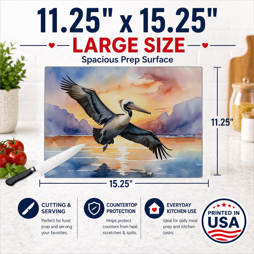 Pelican Flying Over Ocean Sunset Watercolor Cutting Board Tempered Glass Kitchen Cutting Surface, Heat Resistant Chopping, Non-Slip Feet, Food Prep & Serving