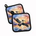Pelican Flying Over Ocean Sunset Watercolor Pot Holder Set of 2 Heat Resistant Quilted Hot Pads 7.5 x 7.5 Inch, Insulated Kitchen Trivets for Cooking & Baking