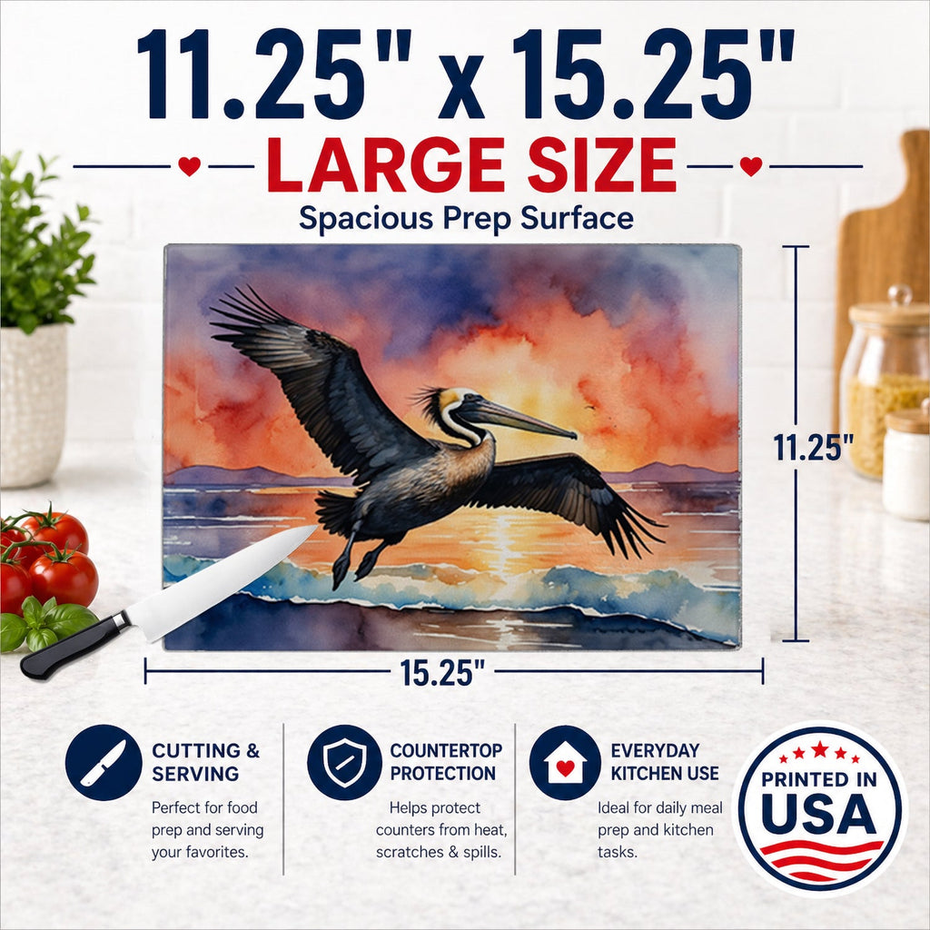 Pelican Coastal Sunset Flight Watercolor Cutting Board Tempered Glass Kitchen Cutting Surface, Heat Resistant Chopping, Non-Slip Feet, Food Prep & Serving