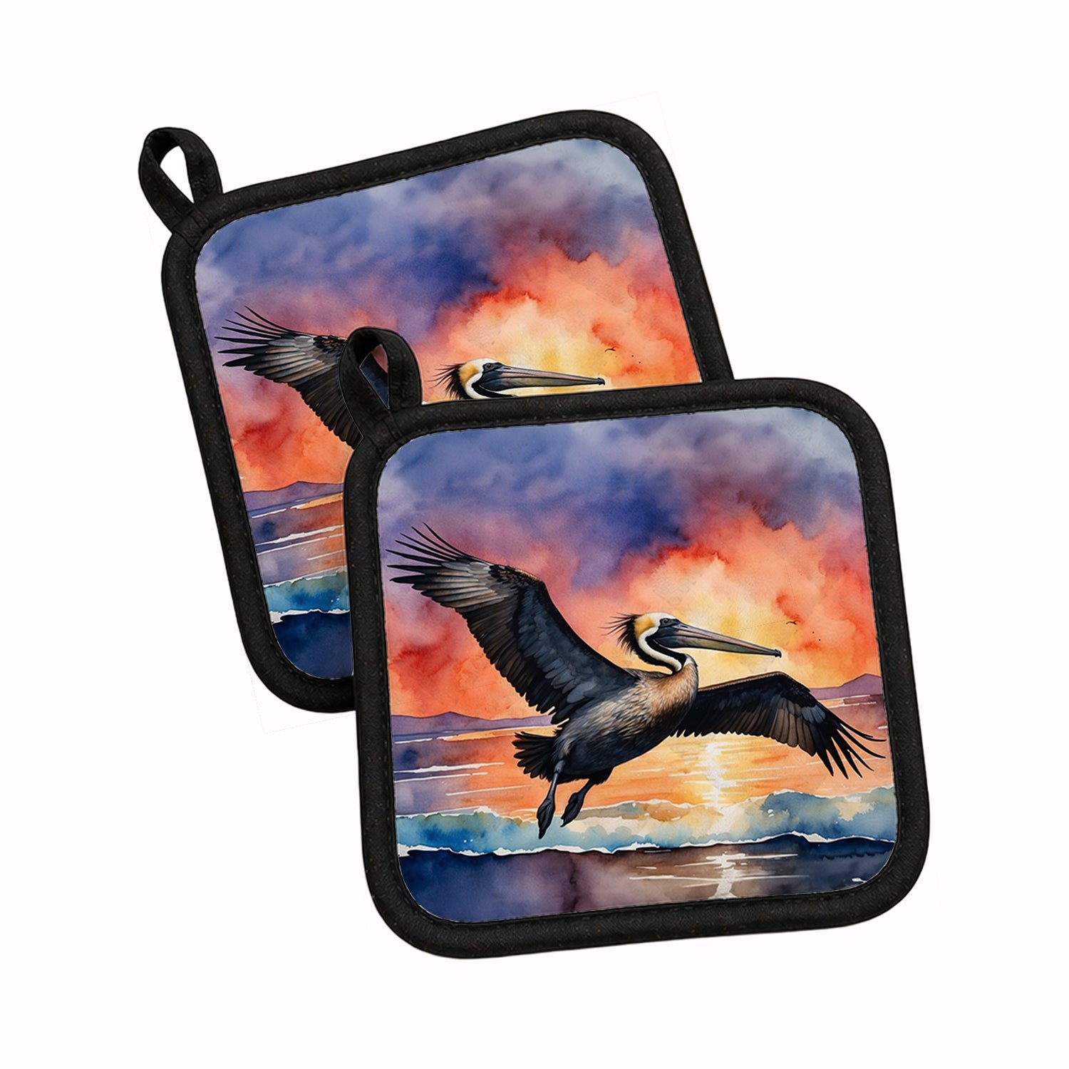 Pelican Coastal Sunset Flight Watercolor Pot Holder Set of 2 Heat Resistant Quilted Hot Pads 7.5 x 7.5 Inch, Insulated Kitchen Trivets for Cooking & Baking