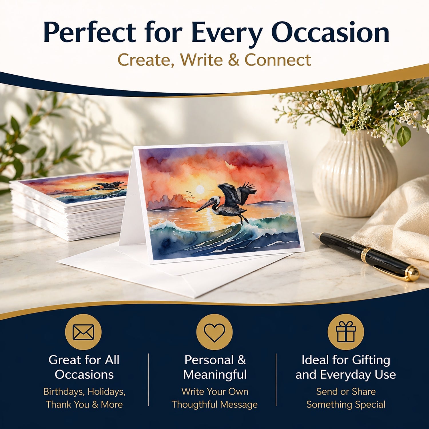 Pelican Ocean Waves Sunset Watercolor Greeting Cards Pack of 8 Blank Cards with Envelopes Whimsical A7 Size 5x7