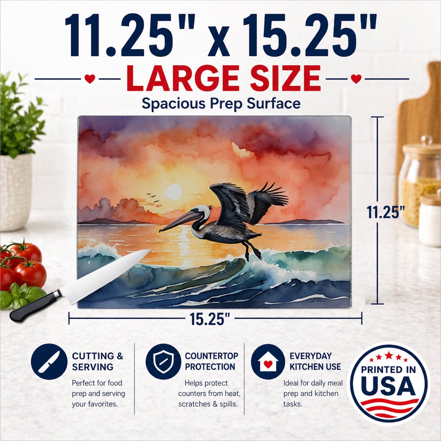 Pelican Ocean Waves Sunset Watercolor Cutting Board Tempered Glass Kitchen Cutting Surface, Heat Resistant Chopping, Non-Slip Feet, Food Prep & Serving
