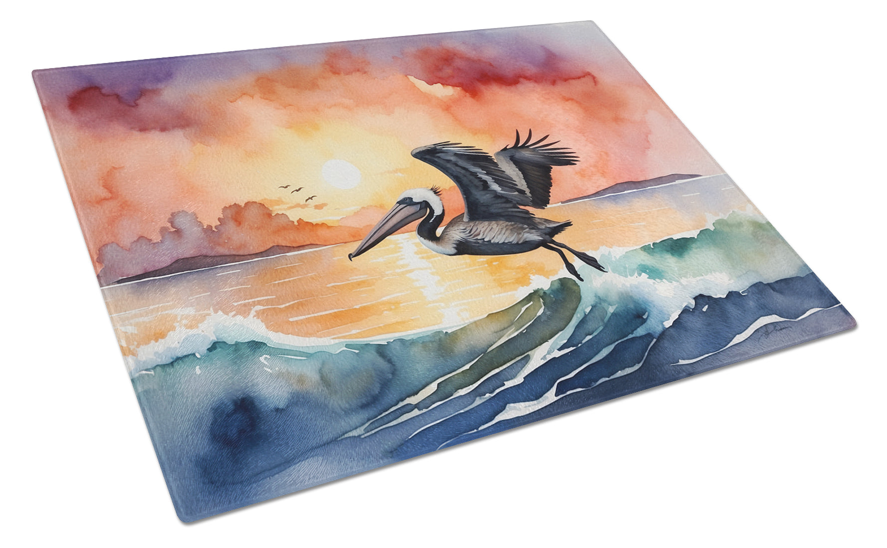 Pelican Ocean Waves Sunset Watercolor Cutting Board Tempered Glass Kitchen Cutting Surface, Heat Resistant Chopping, Non-Slip Feet, Food Prep & Serving