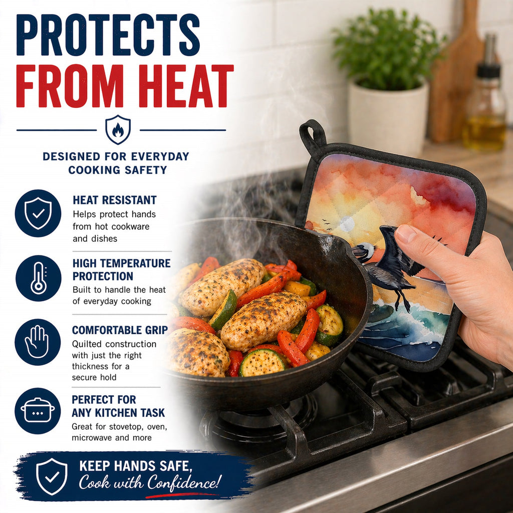 Pelican Ocean Waves Sunset Watercolor Pot Holder Set of 2 Heat Resistant Quilted Hot Pads 7.5 x 7.5 Inch, Insulated Kitchen Trivets for Cooking & Baking