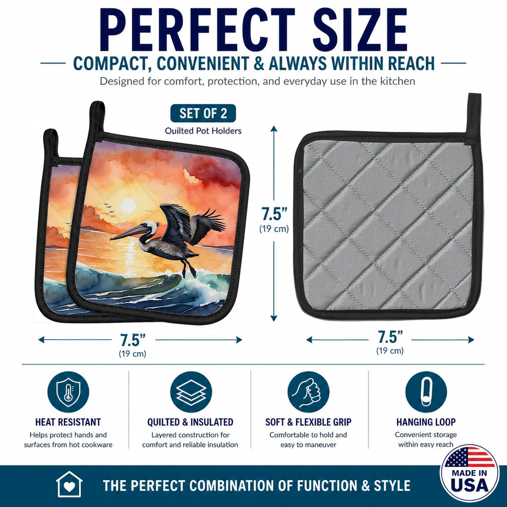 Pelican Ocean Waves Sunset Watercolor Pot Holder Set of 2 Heat Resistant Quilted Hot Pads 7.5 x 7.5 Inch, Insulated Kitchen Trivets for Cooking & Baking