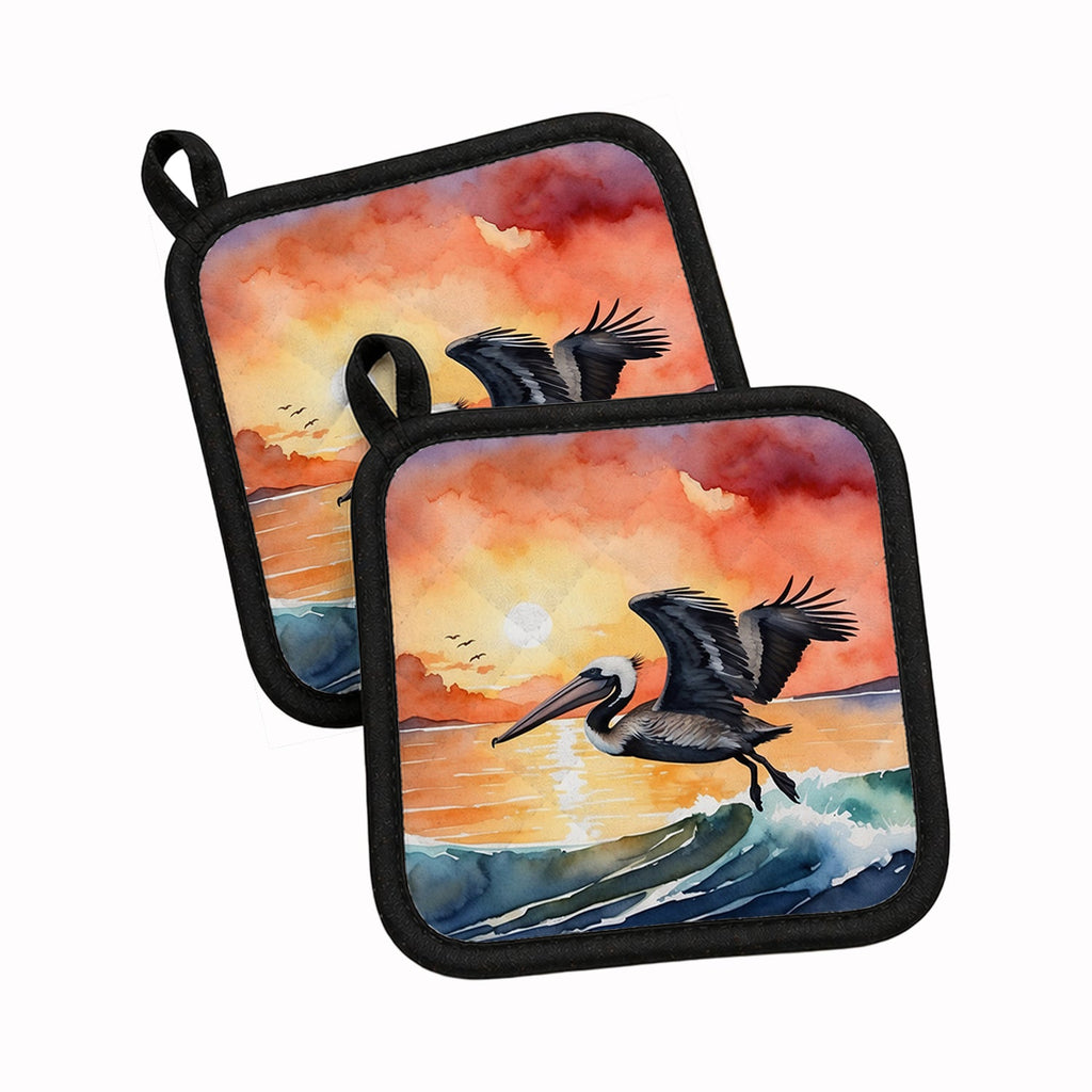 Pelican Ocean Waves Sunset Watercolor Pot Holder Set of 2 Heat Resistant Quilted Hot Pads 7.5 x 7.5 Inch, Insulated Kitchen Trivets for Cooking & Baking
