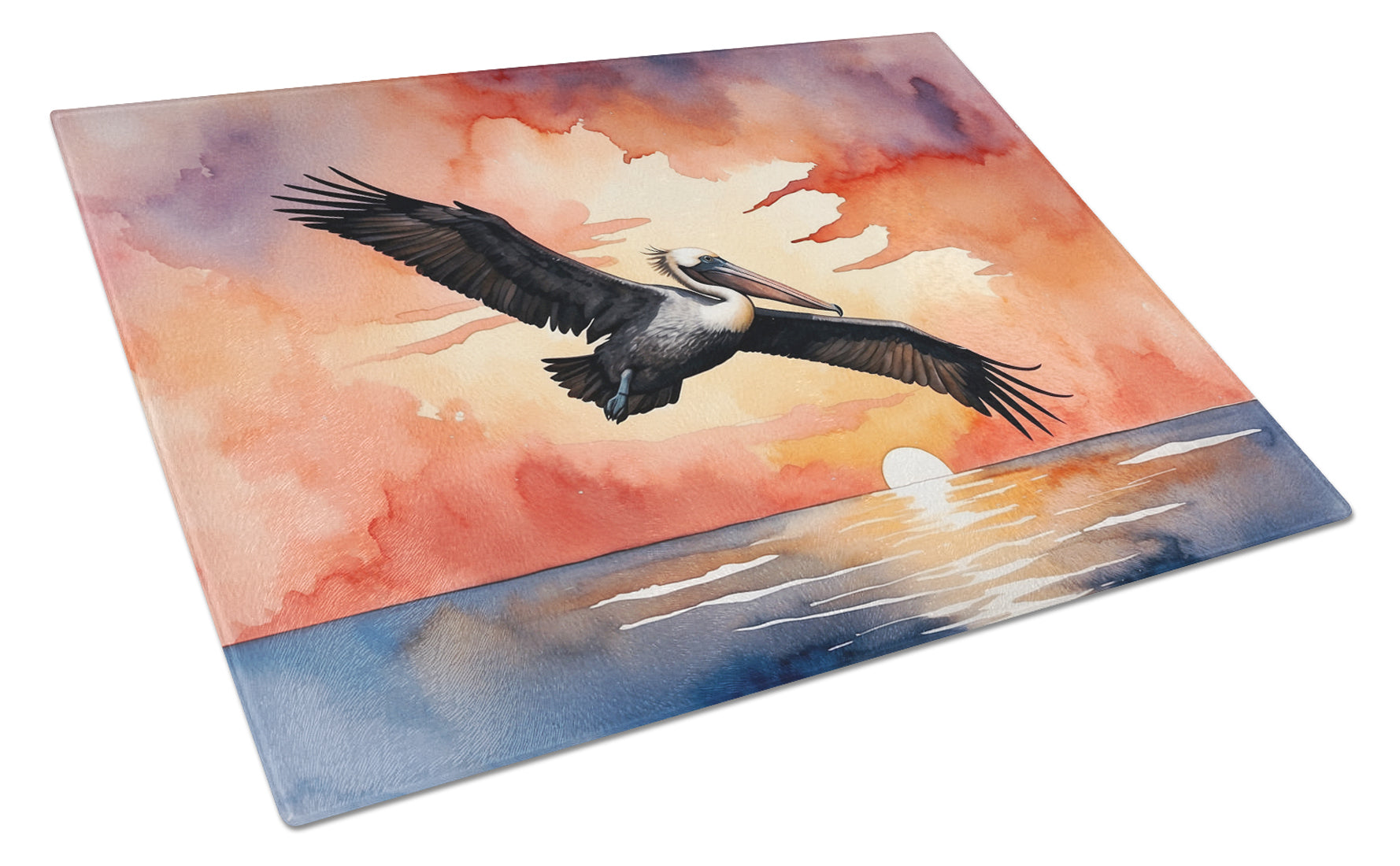 Pelican Sunset Sky Flight Watercolor Cutting Board Tempered Glass Kitchen Cutting Surface, Heat Resistant Chopping, Non-Slip Feet, Food Prep & Serving