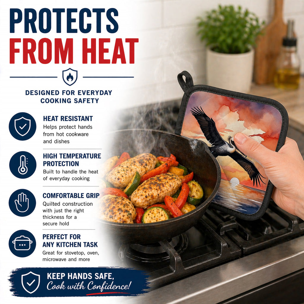 Pelican Sunset Sky Flight Watercolor Pot Holder Set of 2 Heat Resistant Quilted Hot Pads 7.5 x 7.5 Inch, Insulated Kitchen Trivets for Cooking & Baking