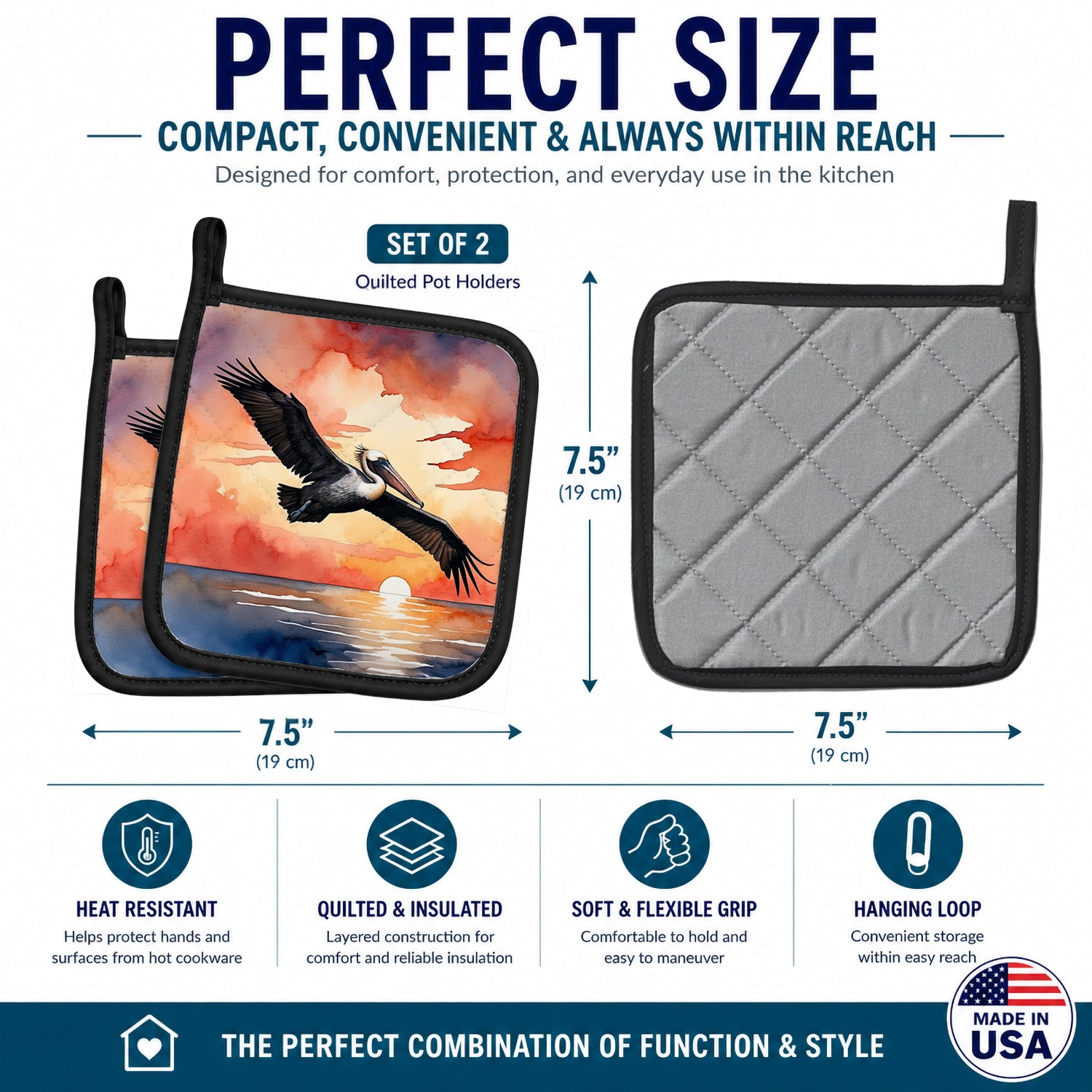 Pelican Sunset Sky Flight Watercolor Pot Holder Set of 2 Heat Resistant Quilted Hot Pads 7.5 x 7.5 Inch, Insulated Kitchen Trivets for Cooking & Baking