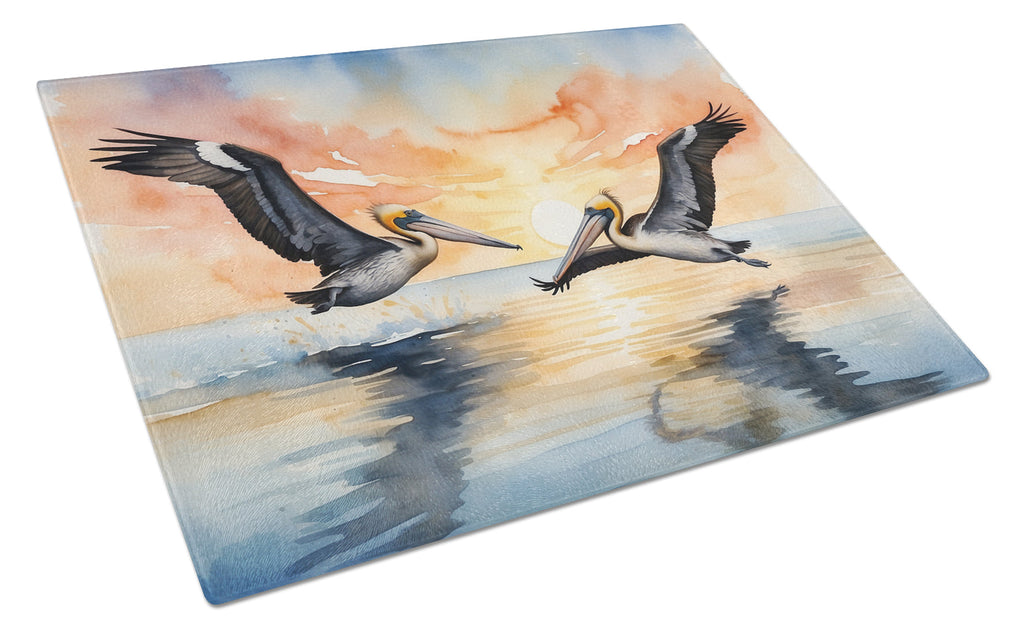 Pelicans Flying Over Water Watercolor Cutting Board Tempered Glass Kitchen Cutting Surface, Heat Resistant Chopping, Non-Slip Feet, Food Prep & Serving